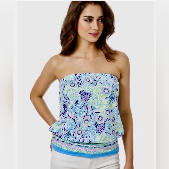 LILLY PULITZER ADELLA STRAPLESS TOP BLUE IBIZA OPEN WATER SIZE XXS - Picture 1 of 11